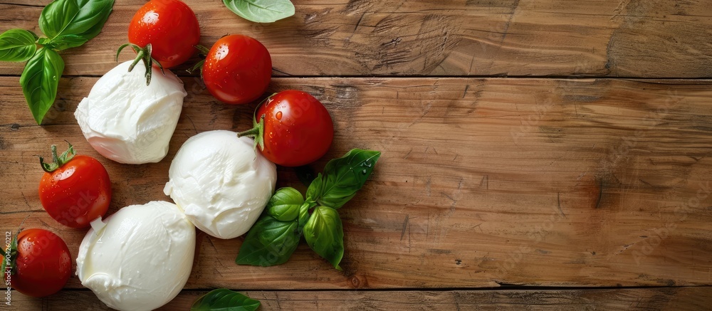 Top view of mozzarella paired with basil and cherry tomatoes on a rustic wooden surface providing ample copy space in the image Top view of mozzarella paired with basil and cherry tomatoes on a rustic wooden surface providing ample copy space in the image