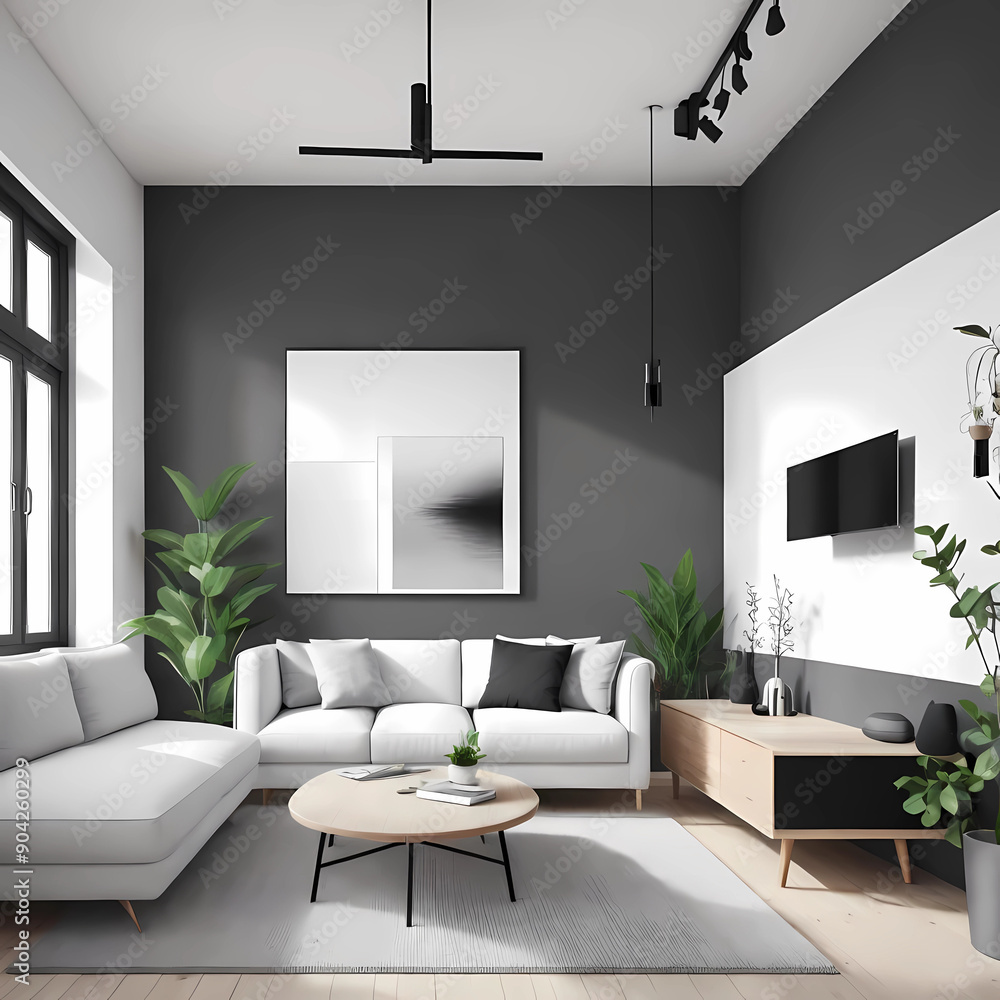 Fototapeta premium Minimalist living room with sofa and artwork of pastel gentle calming lilac and light purple. 3d rendering