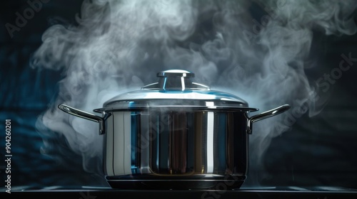 The pressure cooker emits steam while sitting on the stovetop, showcasing its sleek design in a warm kitchen setting