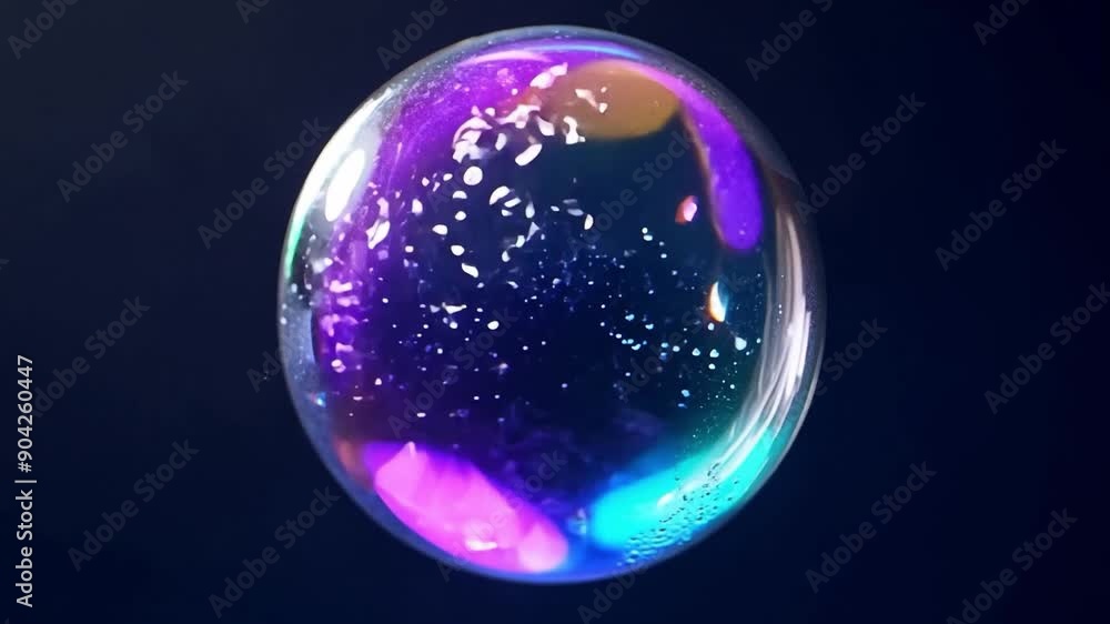 Close-up of a soap bubble with colourful reflections and refractions on a dark background. Close-up of a soap bubble with colourful reflections and refractions on a dark background.