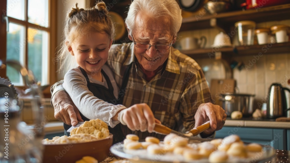 A grandparent and grandchild baking cookies together in the kitchen, A grandparent and grandchild baking cookies together in the kitchen,