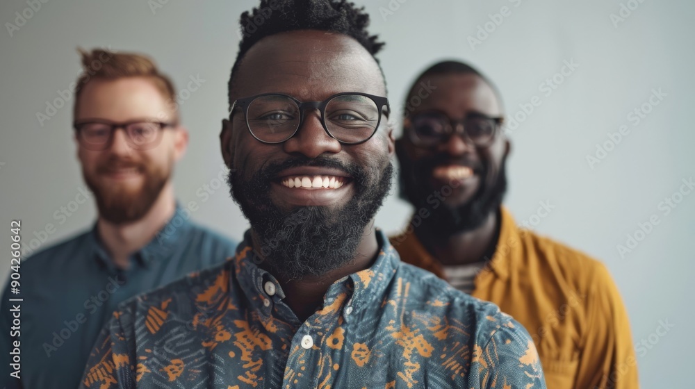 Obraz premium Group of diverse men, each with a story told through their skin, standing confidently in a studio environment