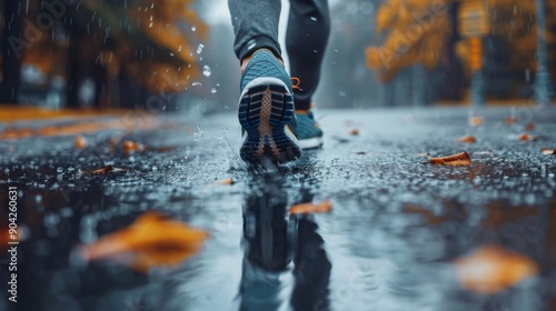 Closeup of running sneaker shoe on legs or feet of a male athlete jogging outdoors on a wet asphalt road street with rain fallin photo