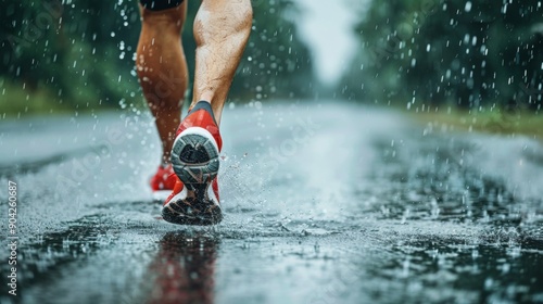 Closeup of running sneaker shoe on legs or feet of a male athlete jogging outdoors on a wet asphalt road street with rain fallin photo