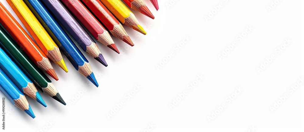 Colorful pencils arranged on a white backdrop viewed from above isolated with a clear space for text or images. Copy space image. Place for adding text and design