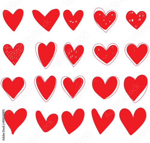 Collection of red heart icons, Hand drawn doodle hearts.Vector  different symbol icon set,illustration design.