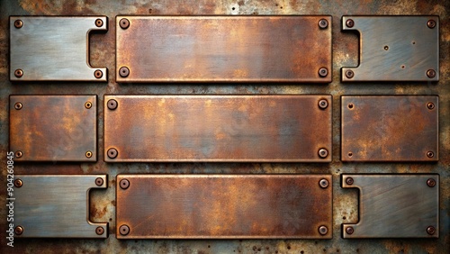 Tarnished metal plates with rust cutouts , vintage, rusty, weathered, damaged, grunge, texture, abstract, background, metalwork