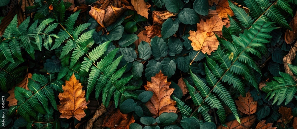 Obraz premium Autumnal green fern leaves set against a backdrop of fallen leaves in a forest create a picturesque floral background with copy space image