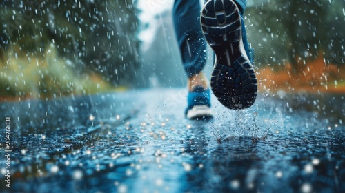 Closeup of running sneaker shoe on legs or feet of a male athlete jogging outdoors on a wet asphalt road street with rain fallin