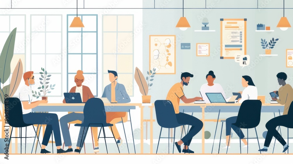 A team of professionals working in a coworking space, emphasizing the rise of flexible work environments and collaboration. A team of professionals working in a coworking space, emphasizing the rise of flexible work environments and collaboration.