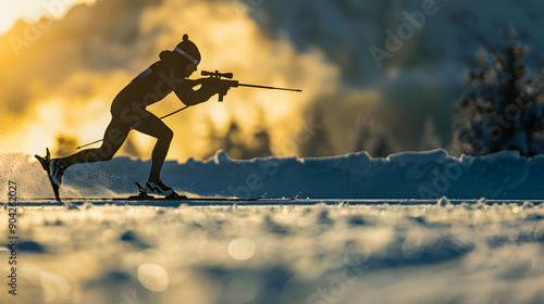Winter Olympic Games 2026 in Milan and Cortina d'Ampezzo. Winter biathlon combined with shooting. Abstract illustration silhouette of a biathlete on skis with a rifle while shooting at a target.