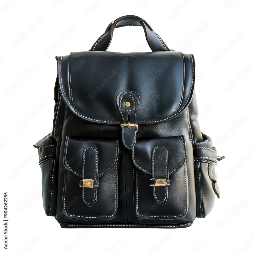 Naklejka premium Classic black leather multi pocket backpack set in different colors isolated on transparent background PNG