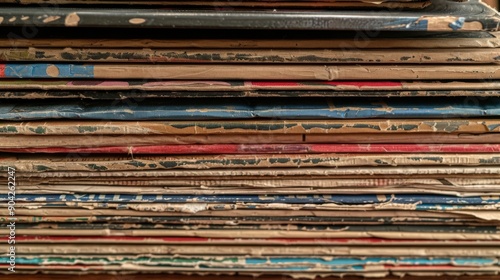 A collection of vintage vinyl records stacked with their colorful sleeves visible, showcasing their age and unique art