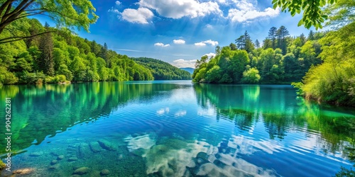 Beautiful lake with clear blue water surrounded by lush green forests , serene, tranquil, peaceful, nature, landscape, scenery