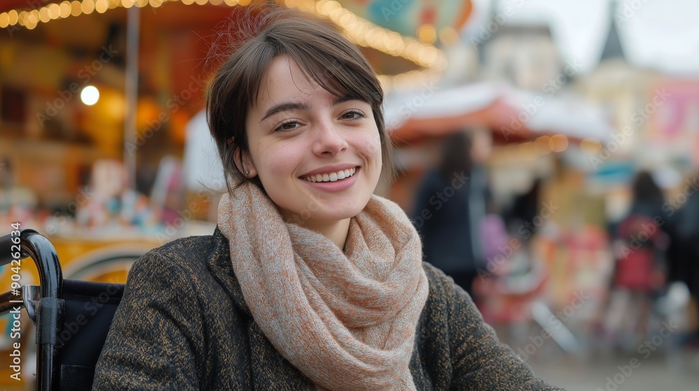 Smiling Young Woman in Wheelchair at Festive Outdoor Market, Casual Winter Attire, Warm and Friendly Atmosphere Smiling Young Woman in Wheelchair at Festive Outdoor Market, Casual Winter Attire, Warm and Friendly Atmosphere