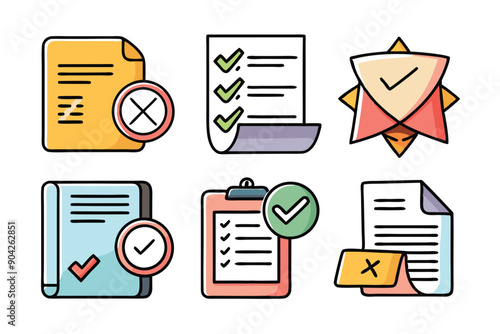 Colorful Illustration of Documents with Checkmarks and Crosses