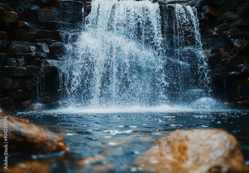 Wallpaper Mural A close up view of a waterfall with crystal-clear water cascading over rugged rocks, capturing the motion and splashes in detail Torontodigital.ca