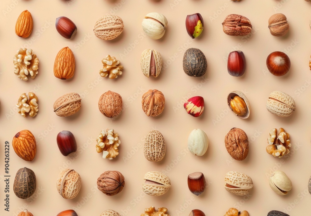 A vibrant arrangement of various nuts laid out on a soft beige background, showcasing their unique textures and colors A vibrant arrangement of various nuts laid out on a soft beige background, showcasing their unique textures and colors
