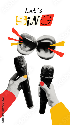 Let's sing trendy collage vertical social media poster template. Halftone hands holding microphones, mouths singing karaoke, cut out text. Modern retro vector illustration on transparent background