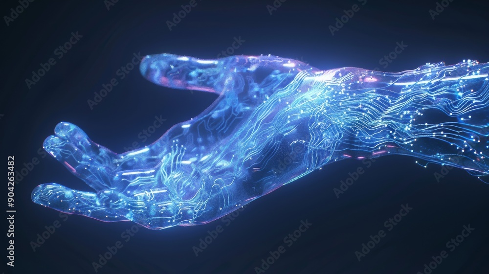 Obraz premium 3D rendering of a holographic hand, with transparent layers and detailed circuitry visible inside