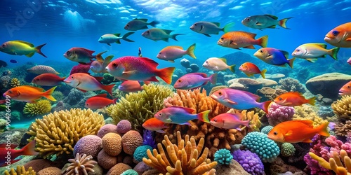 Fototapeta Naklejka Na Ścianę i Meble -  Tusks of parrotfish protrude from vibrant coral reef, amidst sea of turquoise