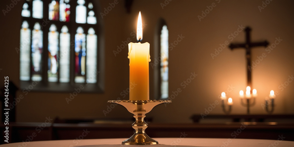 Naklejka premium Lit Candle in Church Interior - Serene Spiritual Atmosphere