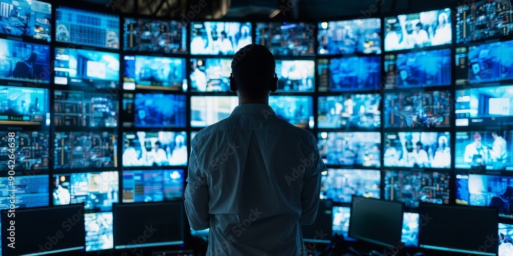 A cybersecurity expert monitoring threats on multiple screens, showcasing the importance of technology in security A cybersecurity expert monitoring threats on multiple screens, showcasing the importance of technology in security