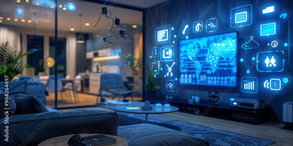 A smart home setup with various interconnected devices, highlighting the convenience of modern technology A smart home setup with various interconnected devices, highlighting the convenience of modern technology