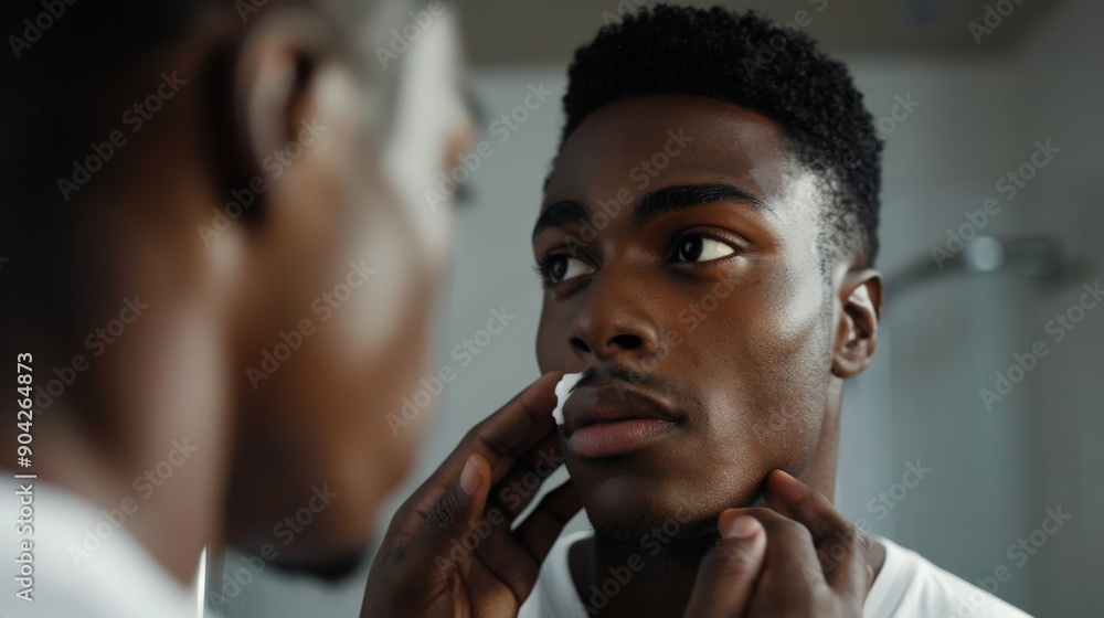Young Black man looking into a mirror, applying a facial cream, emphasizing his proactive approach to skincare Young Black man looking into a mirror, applying a facial cream, emphasizing his proactive approach to skincare