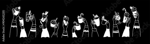 Hands up with hot Christmas drinks. Christmas market mulled wine chalkboard. Pumpkin spice latte, hot wine, warm cocktails, marshmallow chocolate. Ugly sweater party