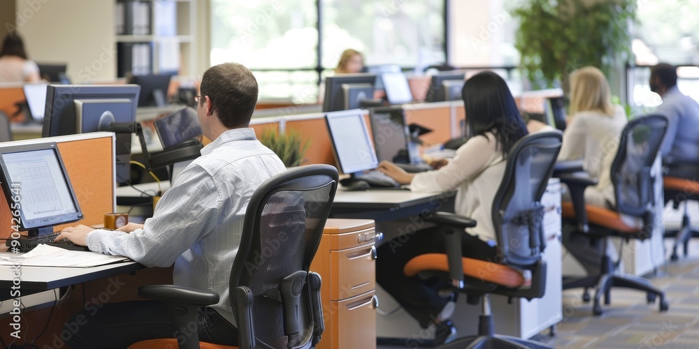 Fototapeta premium Employees working on ergonomic chairs and desks, maintaining good posture and comfort, promoting a healthy work environment
