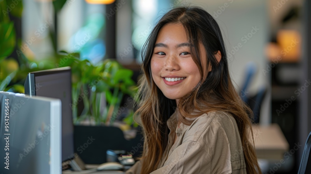 Smiling Young Woman Working at a Desk in a Modern Office Setting Smiling Young Woman Working at a Desk in a Modern Office Setting