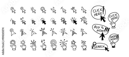 Doodle click icon set. Hand drawn mouse cursor. Press here tap button. Arrow and finger pointer. Sketch vector illustration. Design element for mobile app and web site