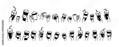 Raising hands up with coffee. Cute line doodle. Different types and size hot drinks. Group of people, men and women in the morning at breakfast. Friendship and team building. Beverage icon set
