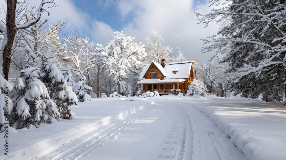 Snow-covered log cabin nestled in a winter wonderland Snow-covered log cabin nestled in a winter wonderland