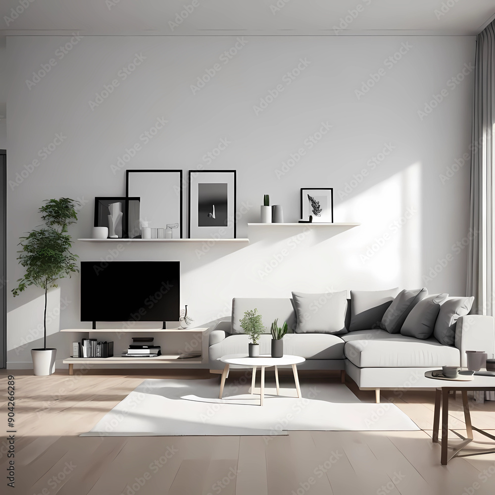 Minimalist living room with sofa and artwork of pastel gentle calming lilac and light purple. 3d rendering Minimalist living room with sofa and artwork of pastel gentle calming lilac and light purple. 3d rendering