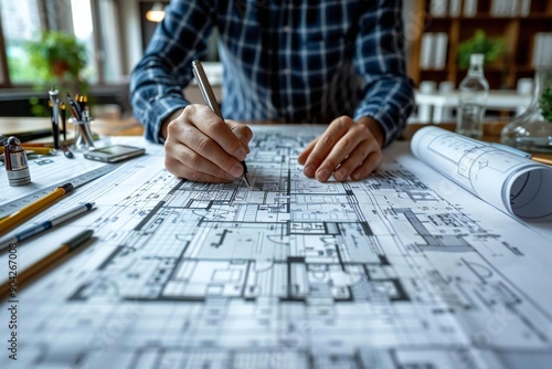 Architect's Hands in Close-up Working on Blueprint in Office: A Photographer's Perspective photo