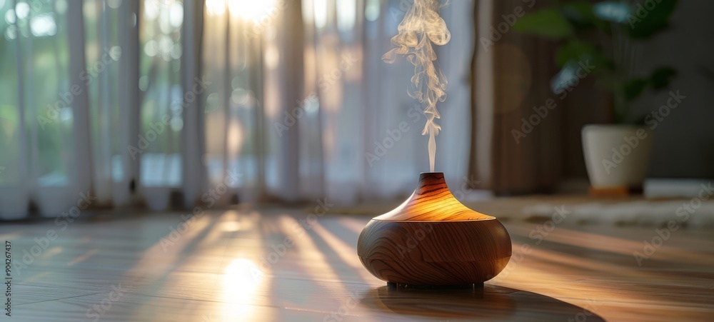 Aromatherapy Diffuser. A wooden aromatherapy diffuser emits calming mist in a sunlit room, creating a tranquil and relaxing atmosphere with soft natural light and shadows. Aromatherapy Diffuser. A wooden aromatherapy diffuser emits calming mist in a sunlit room, creating a tranquil and relaxing atmosphere with soft natural light and shadows.