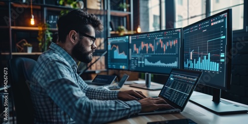 A professional in a modern office space, typing on a laptop, with multiple monitors displaying graphs and data analysis