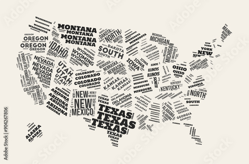 United States Word Cloud. Country with states division. United States typographic text clouds vector image design. Vintage gazette style country shape image. Beautiful vector illustration.