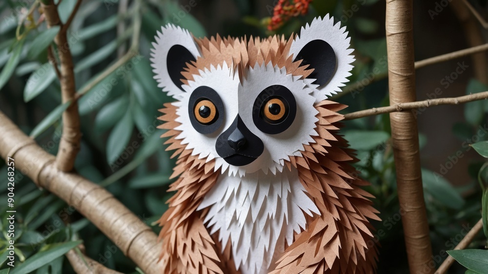 Wide eyed lemur with fluffy fur and intense gaze. Wide eyed lemur with fluffy fur and intense gaze.