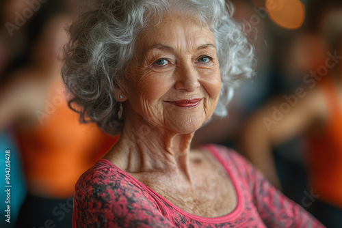 Photograph of a Senior Woman Doing Zumba: An elderly woman participating in a Zumba class. photo