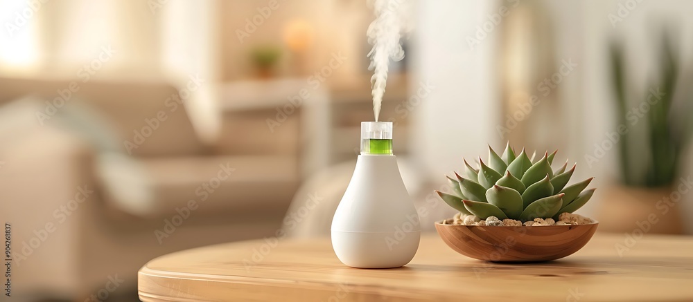 Air freshener, beige and white room, wooden table, Aloe smash bottle, succulent, blurred decor, bokeh effect, minimalist design. Air freshener, beige and white room, wooden table, Aloe smash bottle, succulent, blurred decor, bokeh effect, minimalist design.