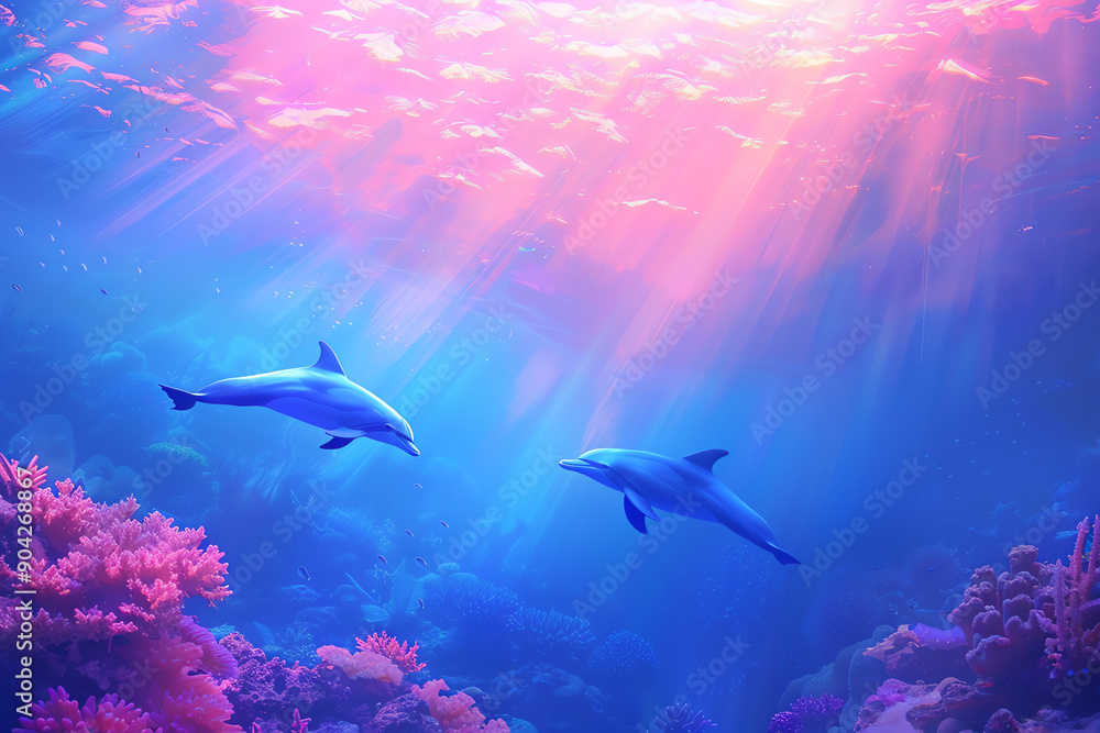 Fototapeta premium Captivating underwater scene with pastelcolored dolphins playing, coral formations, tranquil marine life
