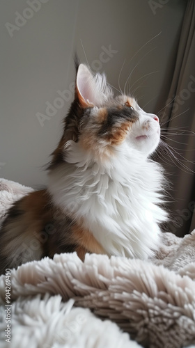 Adorable Fluffy PersianCat Looking Up, Warmth from a Cozy on a Soft Blanket, Captured in Natural Light photo