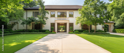 Elegant estate near garden, French Eclectic, steep roofs, lush garden