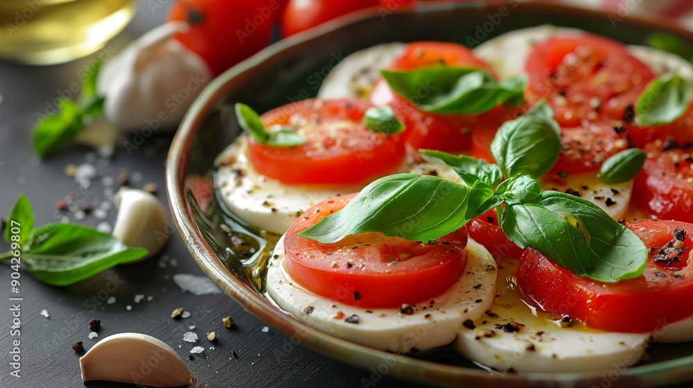 Fresh Caprese salad with tomatoes, mozzarella, and basil, seasoned with olive oil and pepper. Fresh Caprese salad with tomatoes, mozzarella, and basil, seasoned with olive oil and pepper.