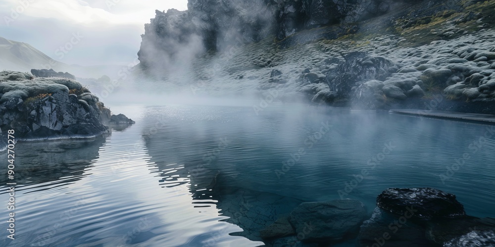 Fototapeta premium Mist rising from a hot spring pool surrounded by volcanic rock