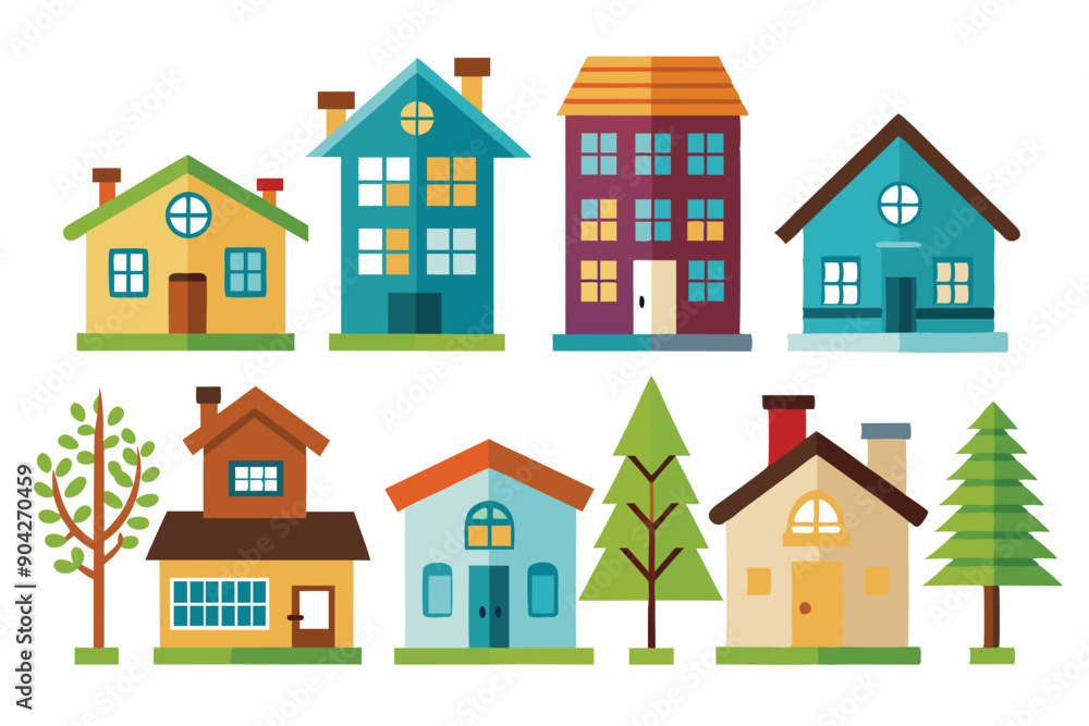 Colorful Flat Design Illustration of Houses and Trees Colorful Flat Design Illustration of Houses and Trees
