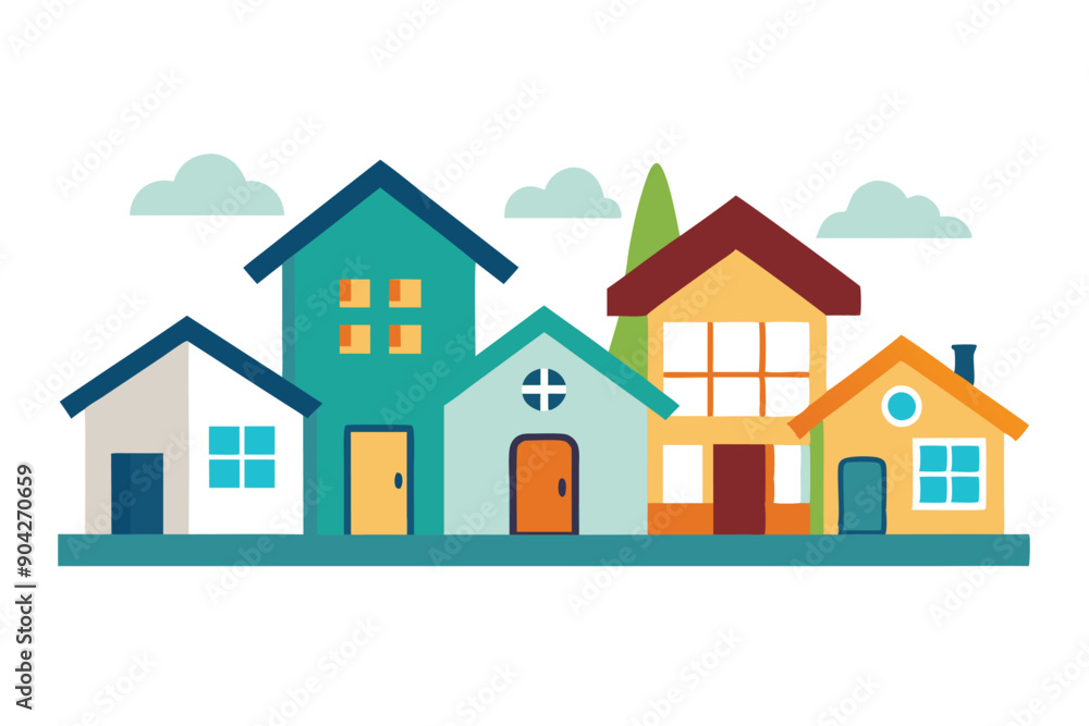 Colorful Row of Houses with Clouds and a Tree Colorful Row of Houses with Clouds and a Tree